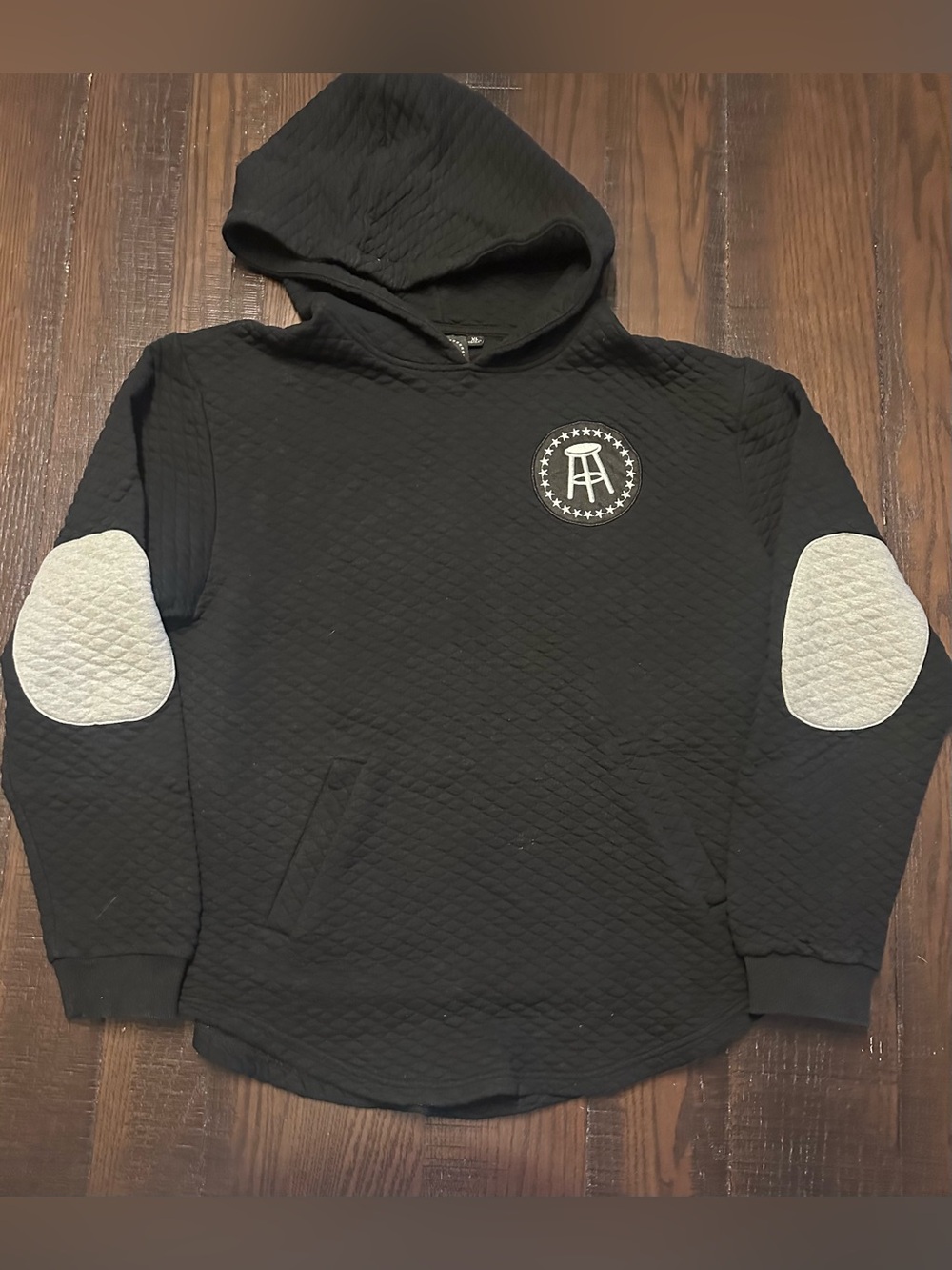 Barstool Sports Hoodie Men's XL Black Quilted Sweatshirt Elbow Patches Pullover